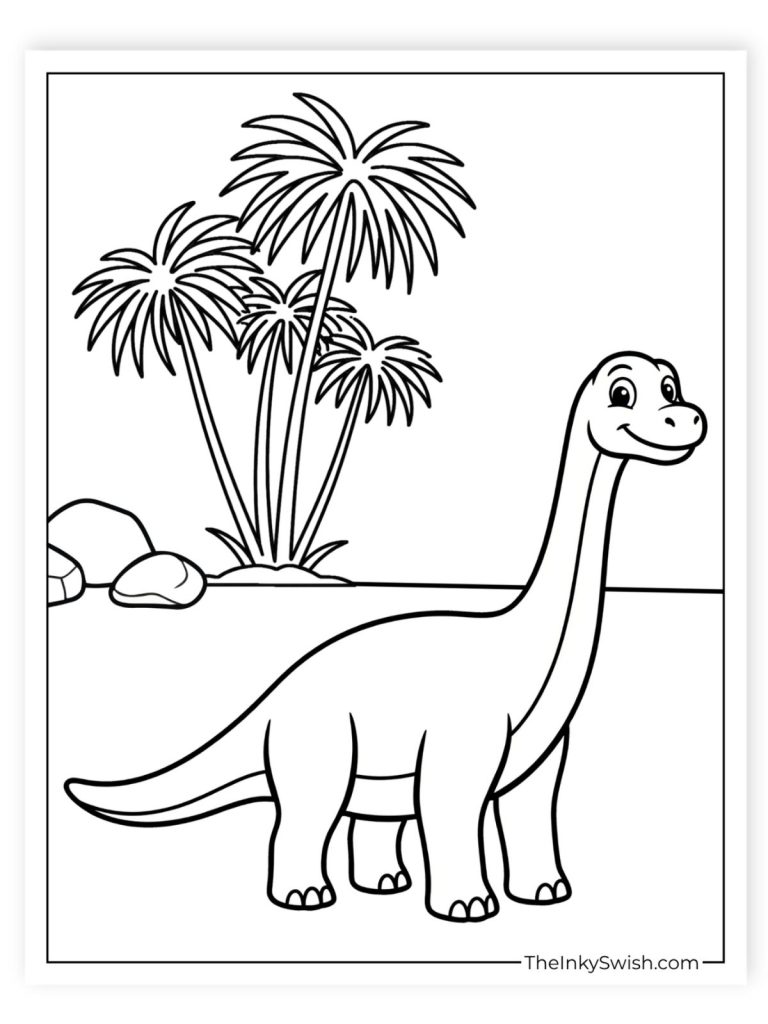Brachiosaurus coloring page with long neck dinosaur in prehistoric scene with palm trees and ground line