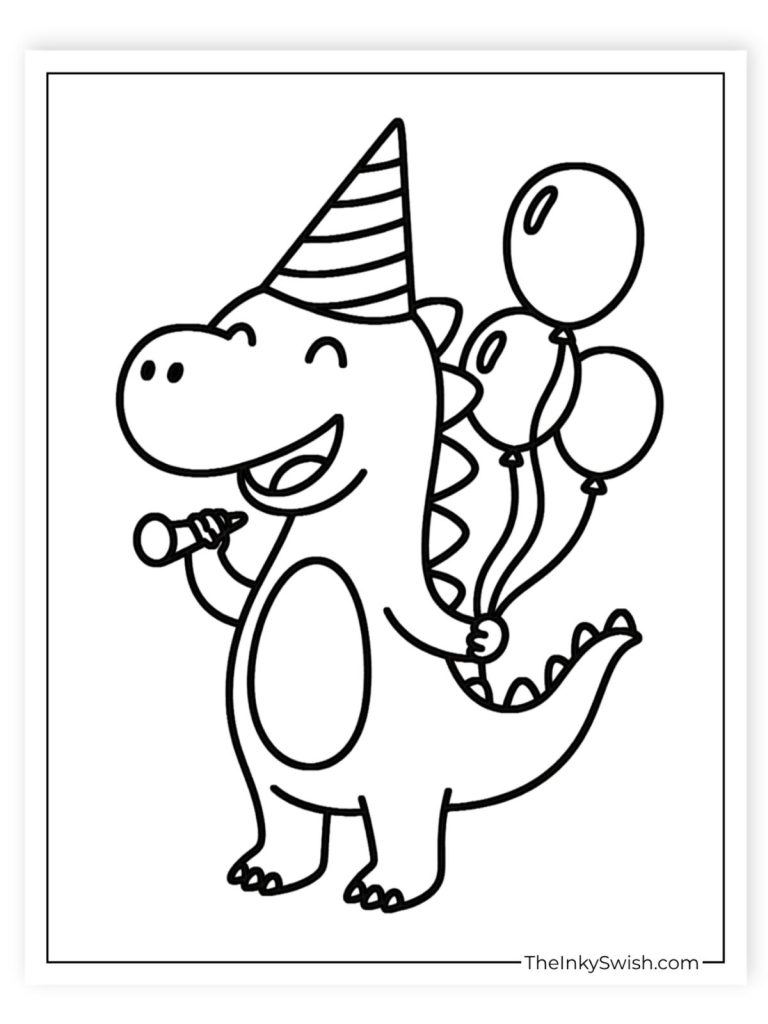 Dinosaur birthday coloring page with balloons and party hat fun printable for kids