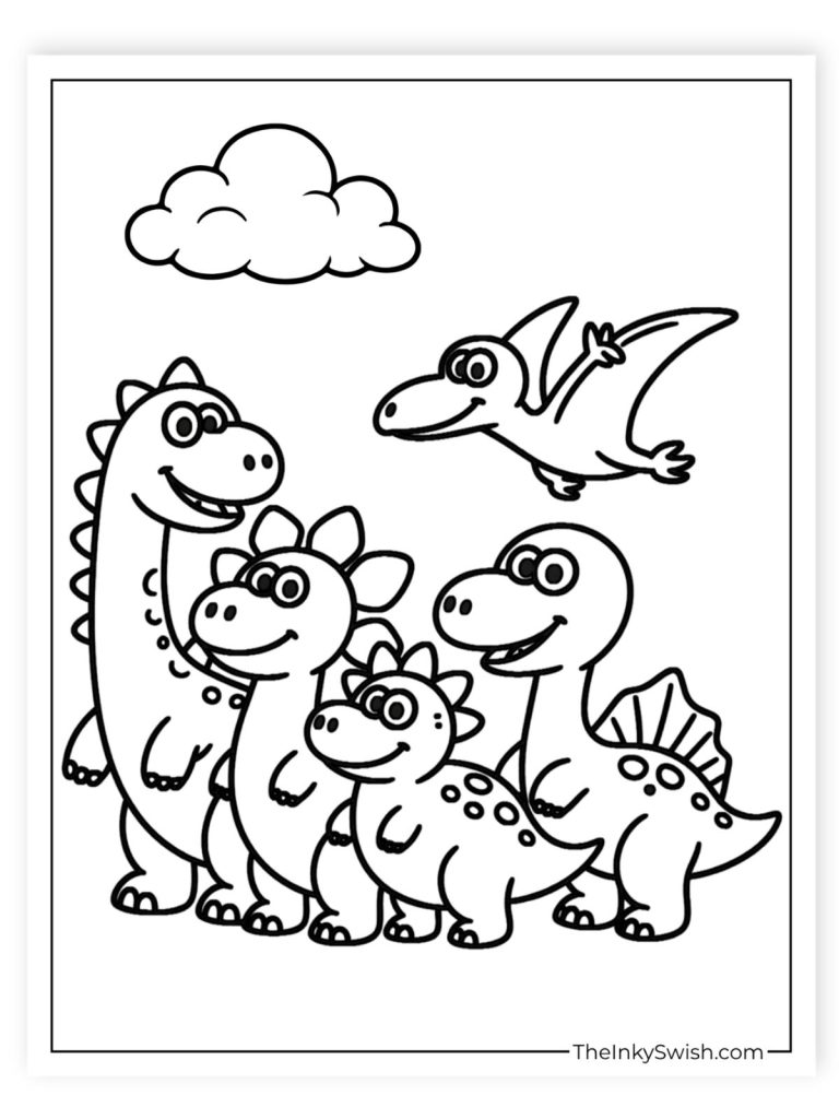 Dinosaur family coloring page with parent and baby dinosaurs together in a fun scene for kids