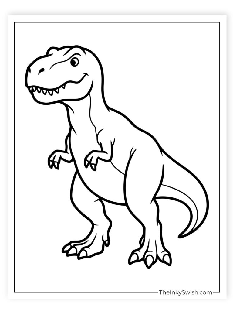 T-rex dinosaur coloring page realistic standing trex with sharp teeth and claws for kids