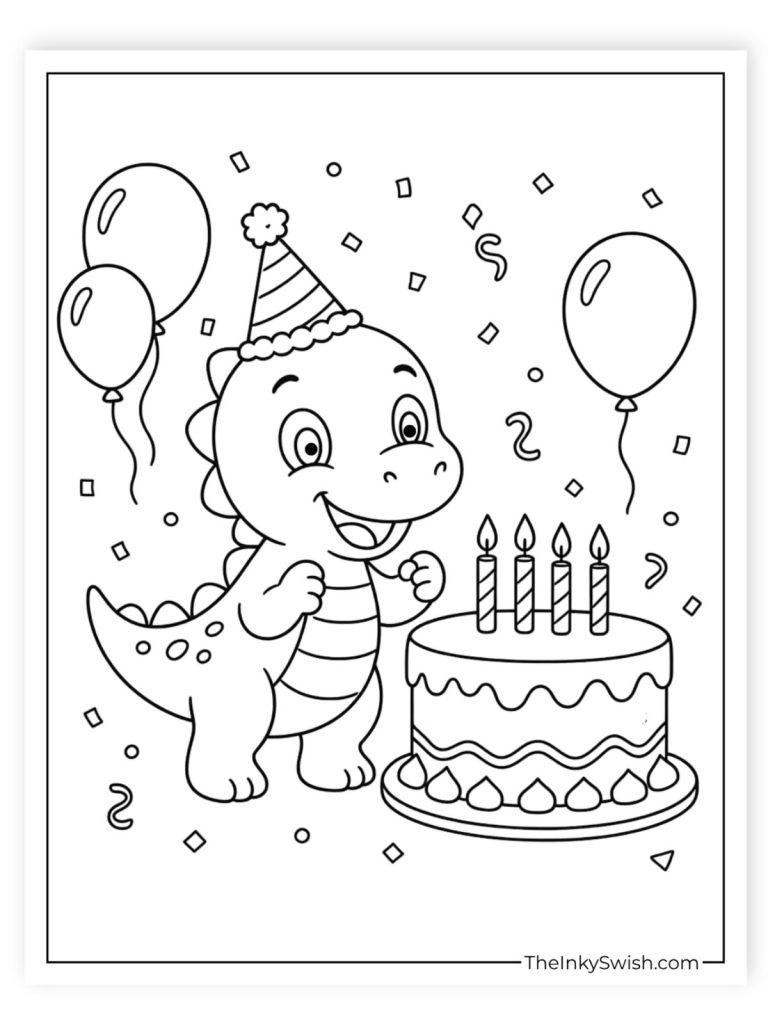 Baby dinosaur birthday party with cake balloons and confetti coloring page