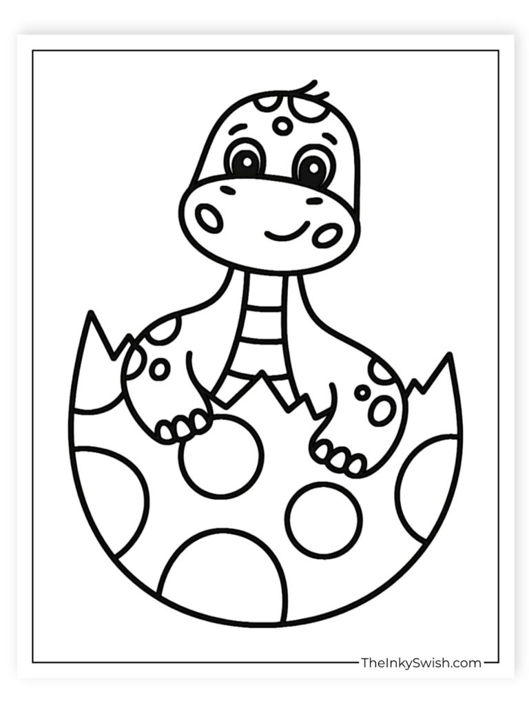 Easy baby dinosaur hatching from egg coloring page with simple shapes for kids