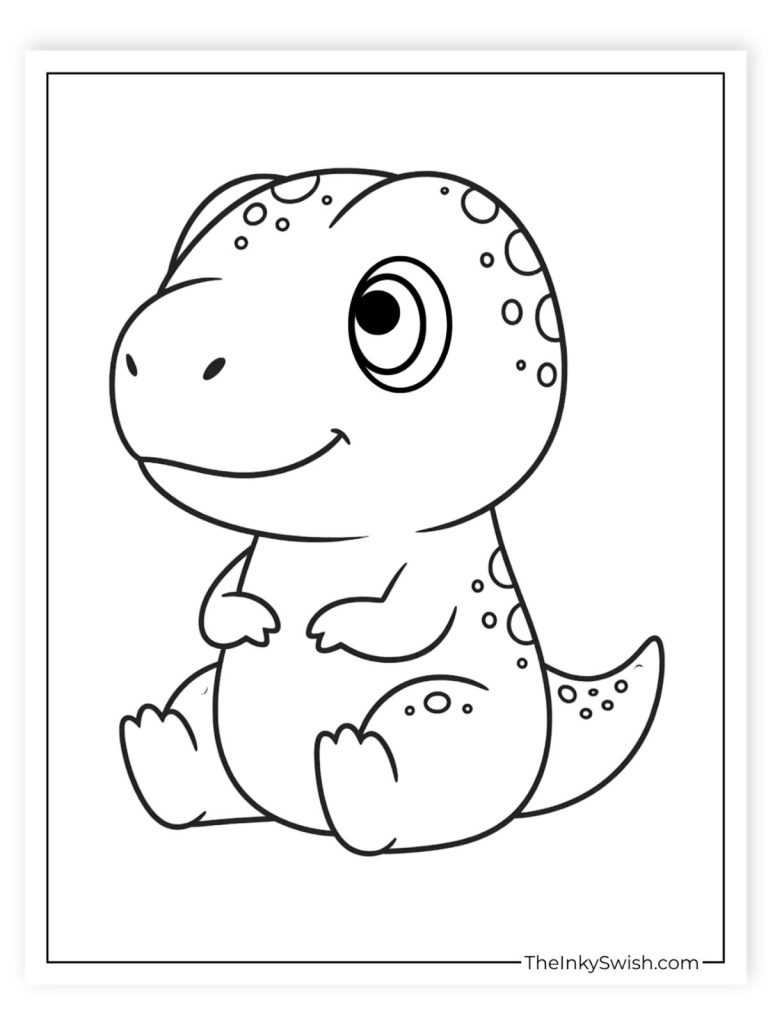 Cartoon baby t rex coloring page of a cute dinosaur sitting, a simple outline for kids