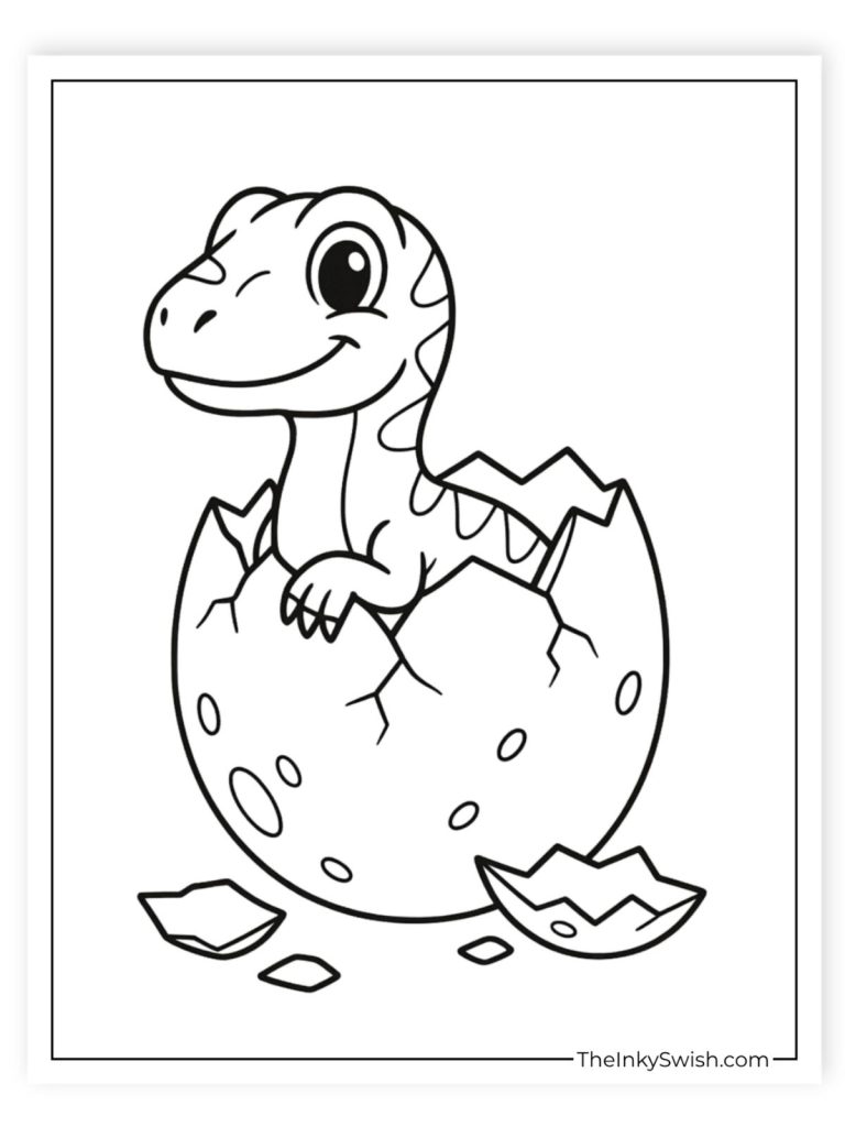 Baby Velociraptor hatching from spotted egg coloring sheet for children