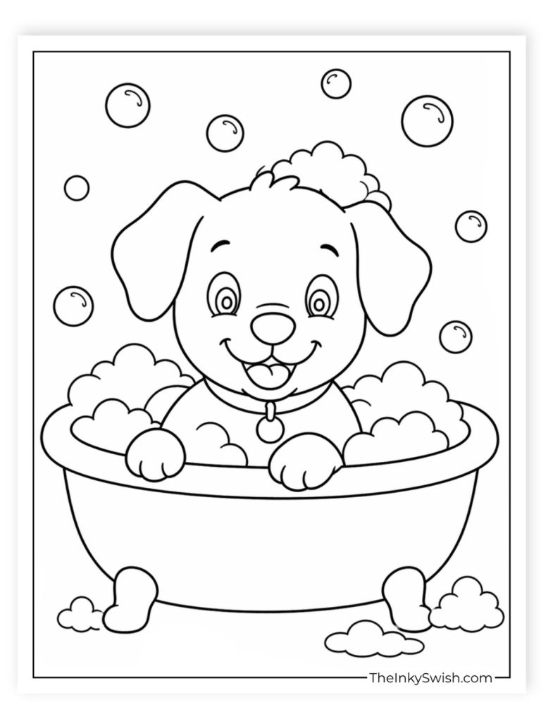 Cartoon dog sitting in bubble bath with soap suds coloring page for kids