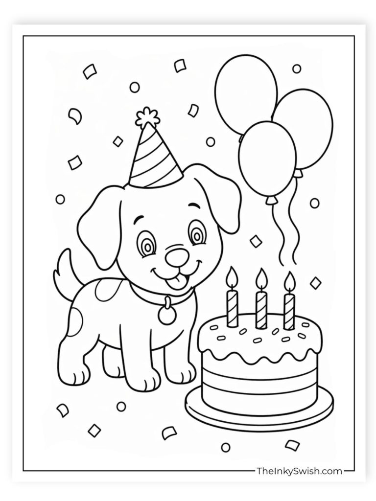 Cartoon dog birthday party with cake balloons and confetti coloring page