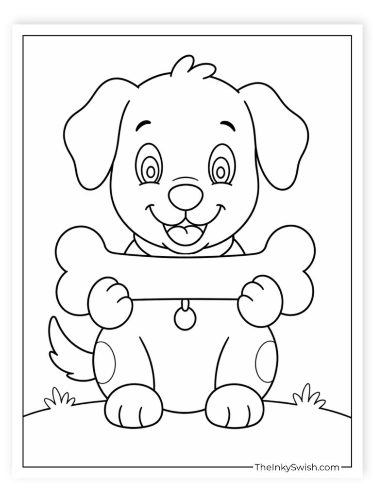 Cartoon dog proudly holding a giant bone coloring page for young children