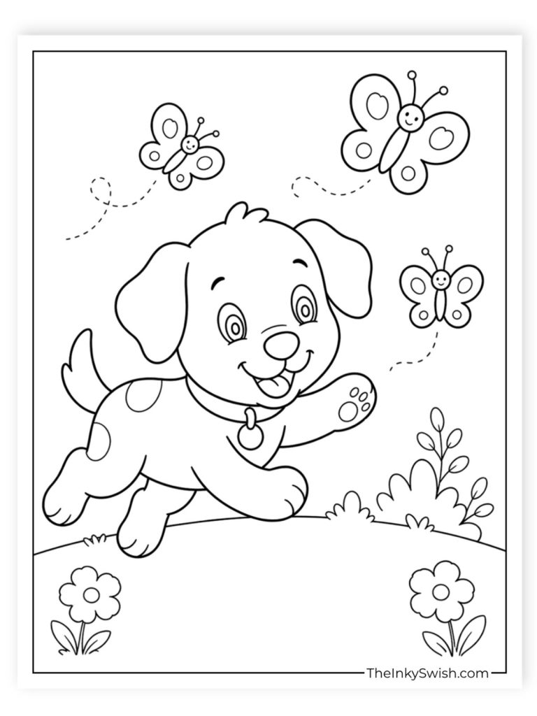 Cartoon dog chasing butterflies in flower garden coloring page for children