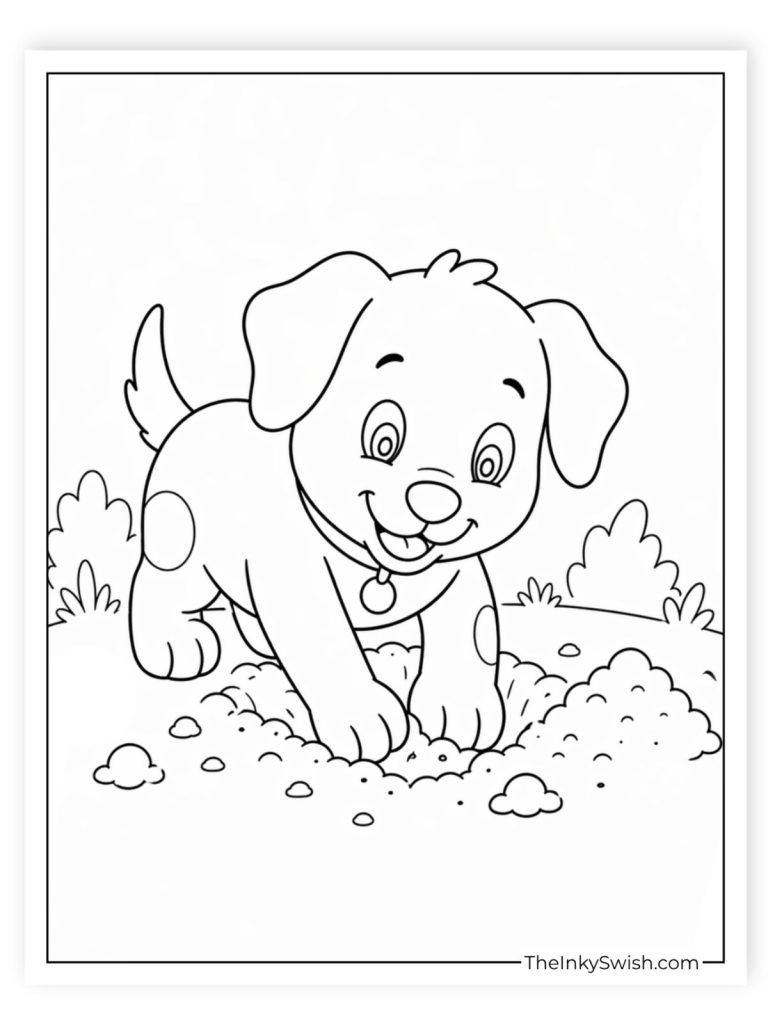 Cartoon dog digging in garden dirt with muddy paws coloring page for kids