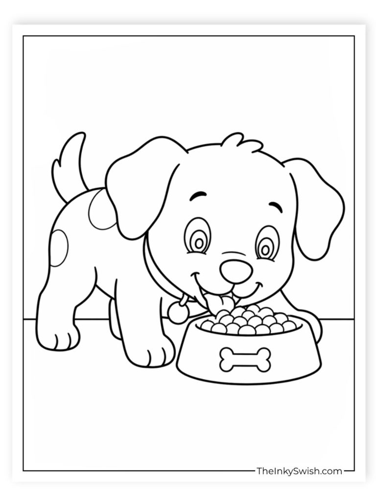 Cartoon dog eating from food bowl with bone design coloring page for kids
