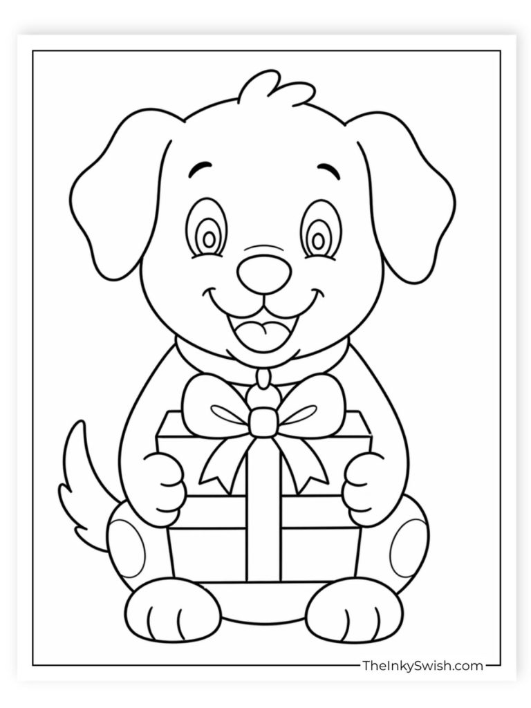 Cartoon dog holding wrapped gift box with ribbon bow coloring page for kids