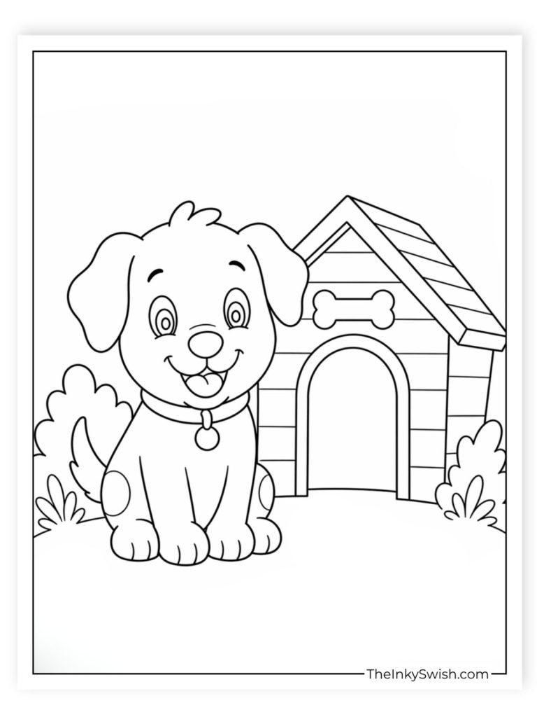 Cartoon dog sitting outside dog house with bone above door coloring page