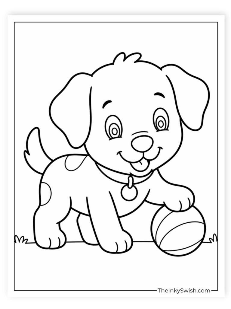Cartoon puppy playing with striped ball coloring page for kids printable