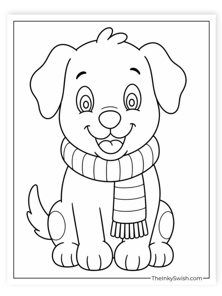 Cartoon dog wearing a striped scarf coloring page for kids printable
