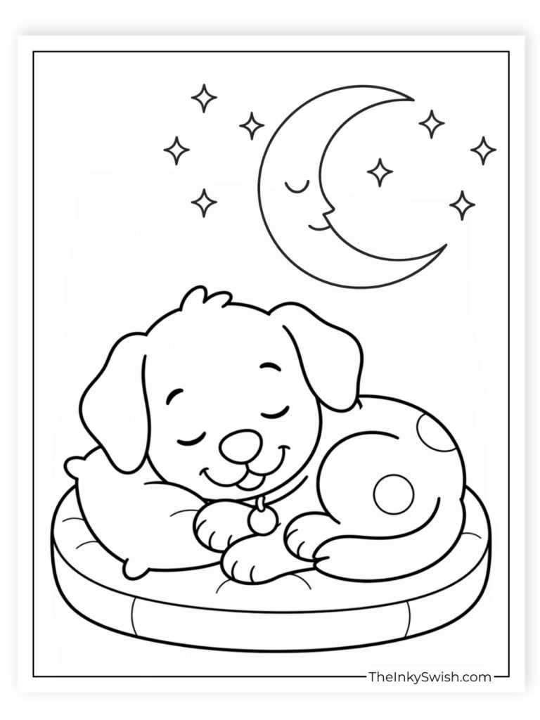 Cartoon dog sleeping in dog bed under crescent moon and stars coloring page