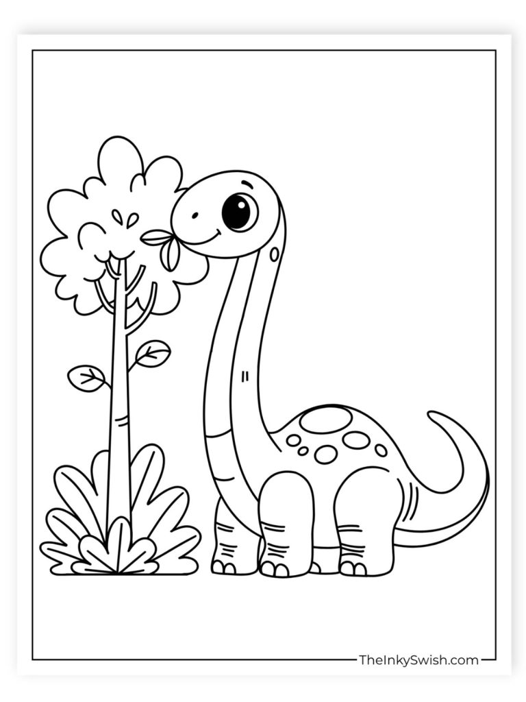 Cute baby brachiosaurus eating leaves beside a tree coloring page