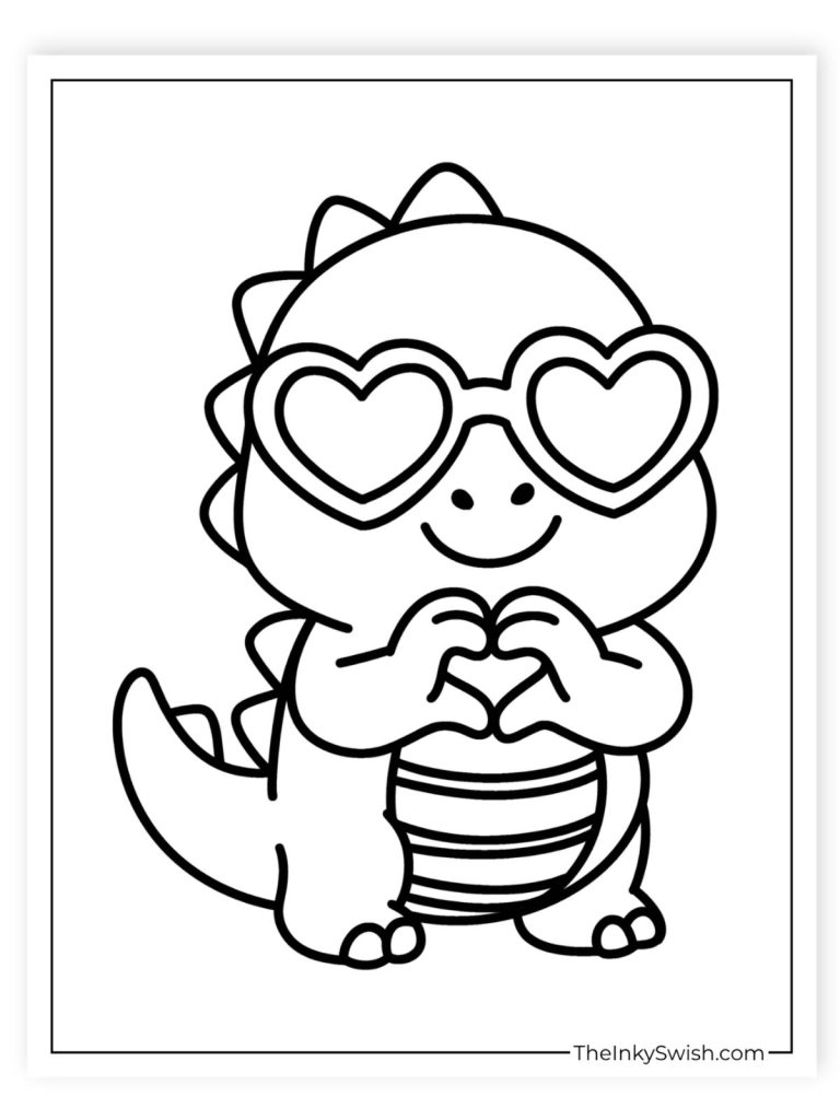 Cute dinosaur coloring page with heart glasses for kids