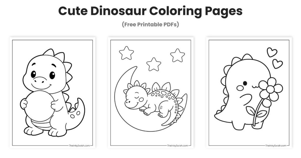 Cute dinosaur coloring pages with baby dinosaur, sleeping dinosaur on moon, and dinosaur with flower free printable PDFs