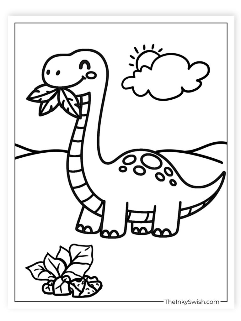 Cute dinosaur eating leaves coloring page with simple background and leaf pile