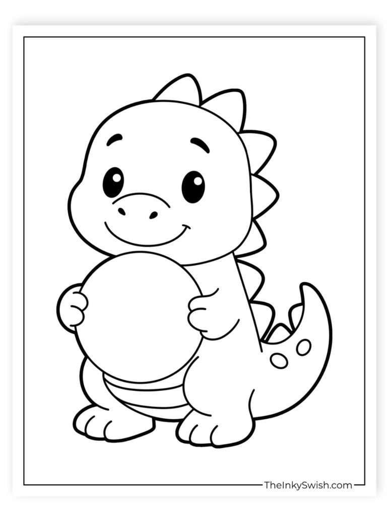 Cute dinosaur holding a ball coloring page with simple shapes for kids