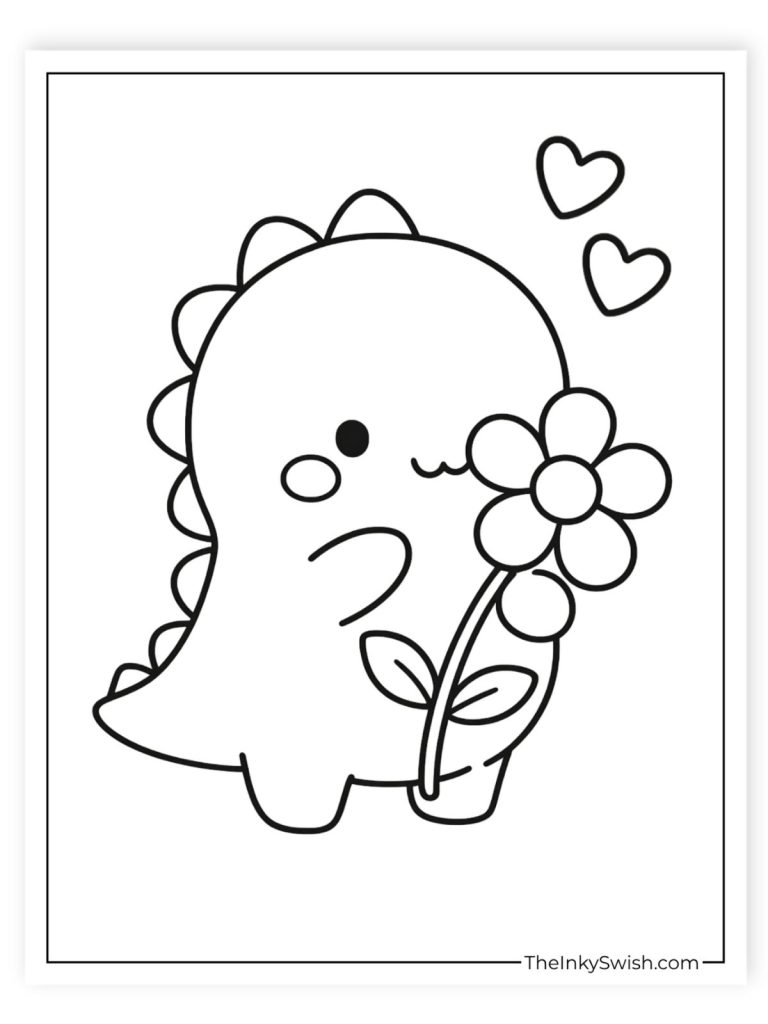 Cute dinosaur holding a flower coloring page with hearts simple easy outline for kids