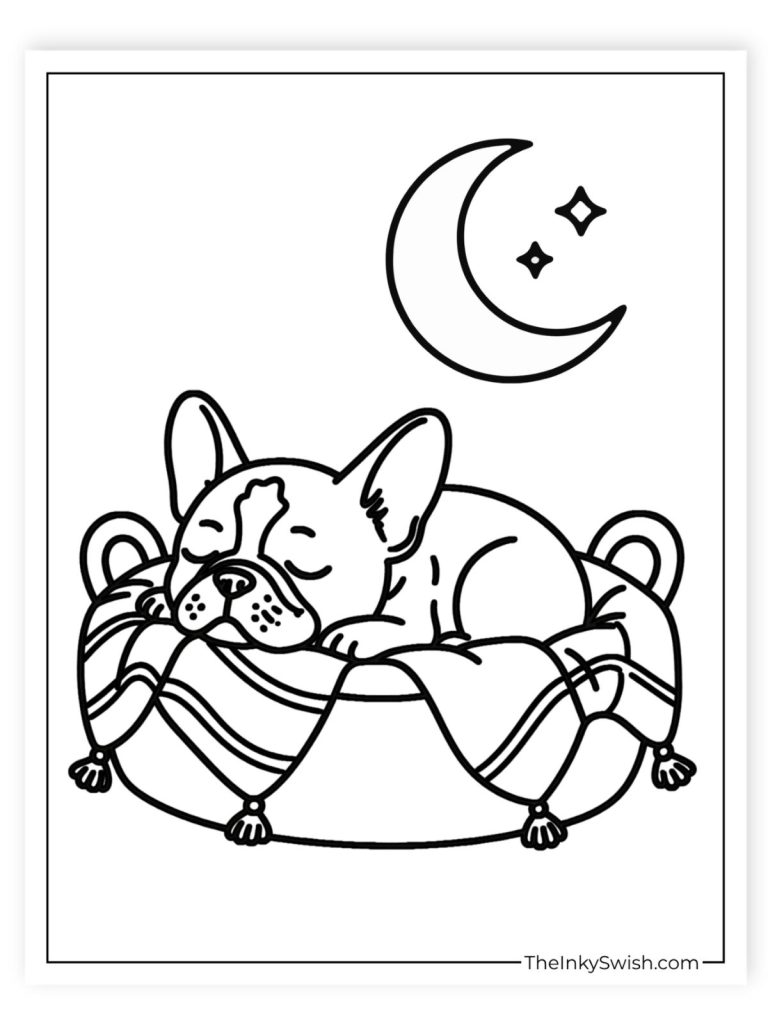 Cute french bulldog puppy sleeping in basket coloring page with moon and stars printable for kids