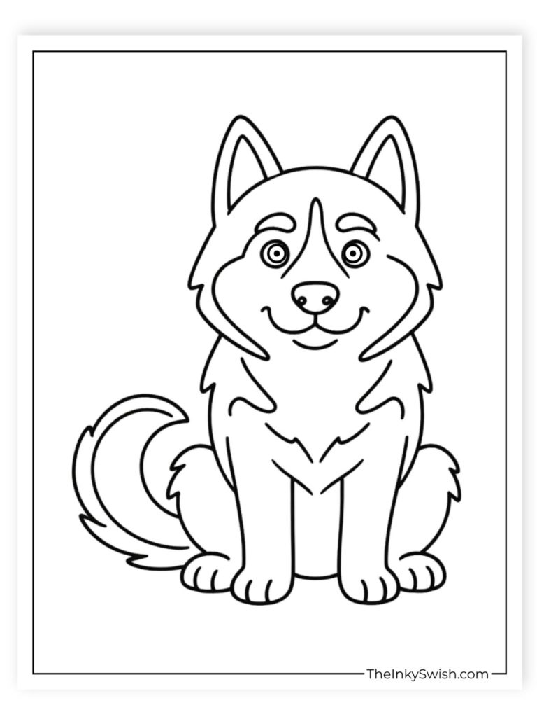 Cute Siberian Husky sitting coloring page for kids printable