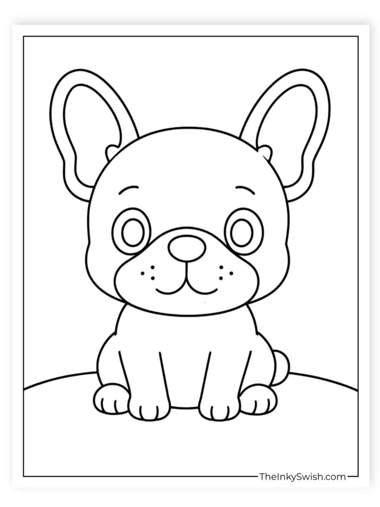 Cute kawaii French Bulldog puppy coloring page with big eyes and simple bold outlines