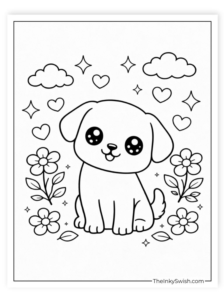 Cute kawaii puppy coloring page with hearts, flowers and sparkles, printable PDF for kids