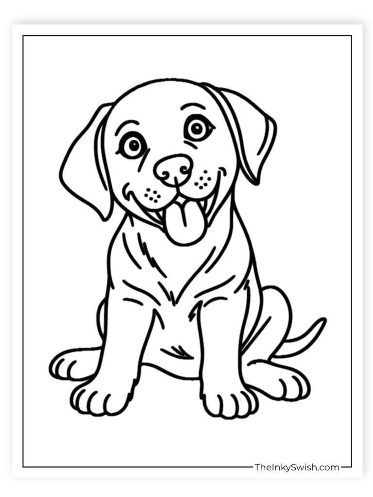 Cute Labrador puppy sitting coloring page for toddlers and preschoolers