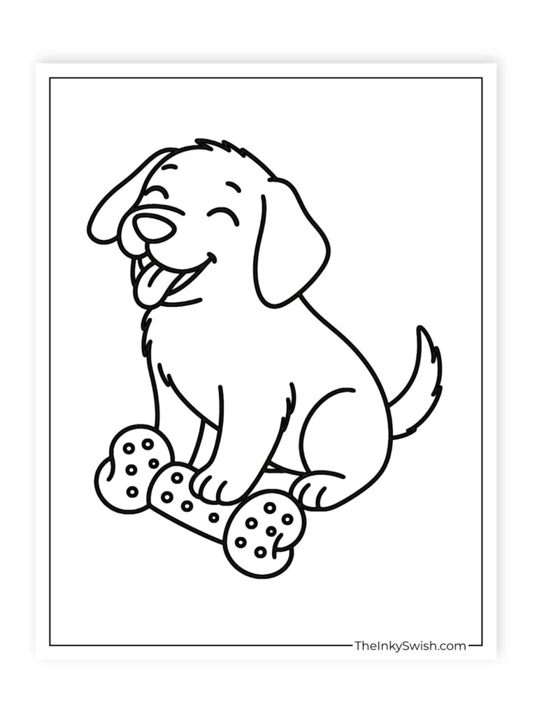 Cute laughing puppy with bone toy coloring page, happy dog printable for kids