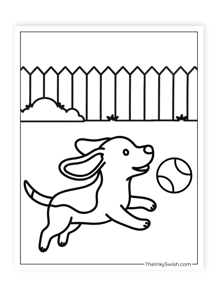 Cute puppy chasing ball coloring page. It's running and there's a fence and bush in the background. Simple printable for kids