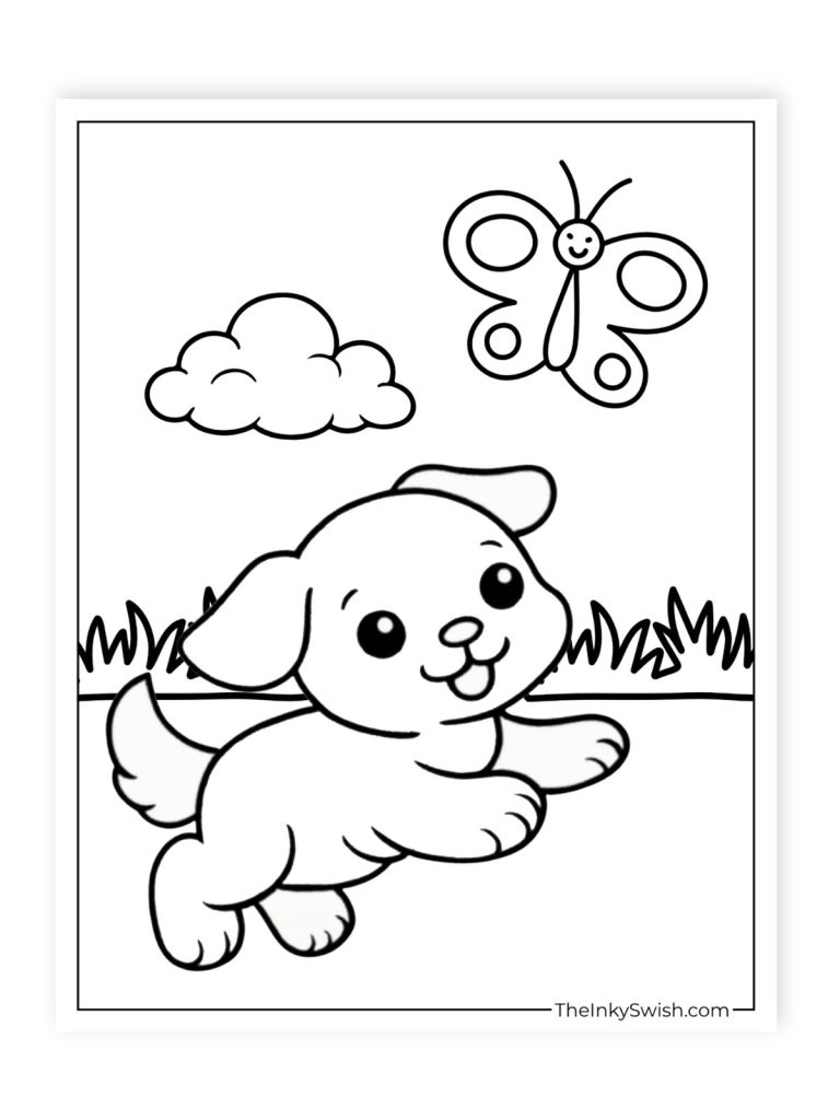 Cute puppy chasing butterfly coloring page with grass, cloud and puppy dog printable for kids