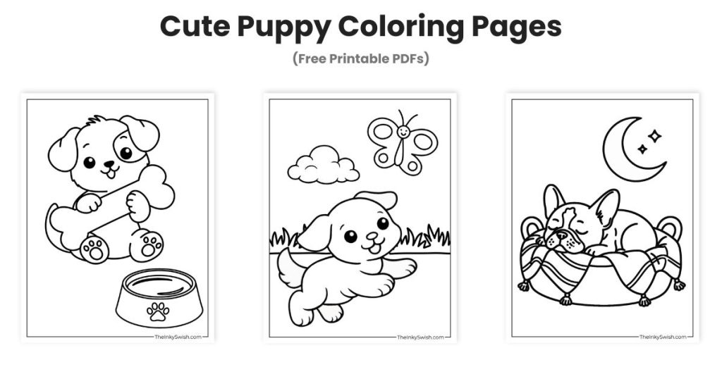 Cute puppy coloring pages collage with playful puppy, chasing puppy and sleeping french bulldog printable pages
