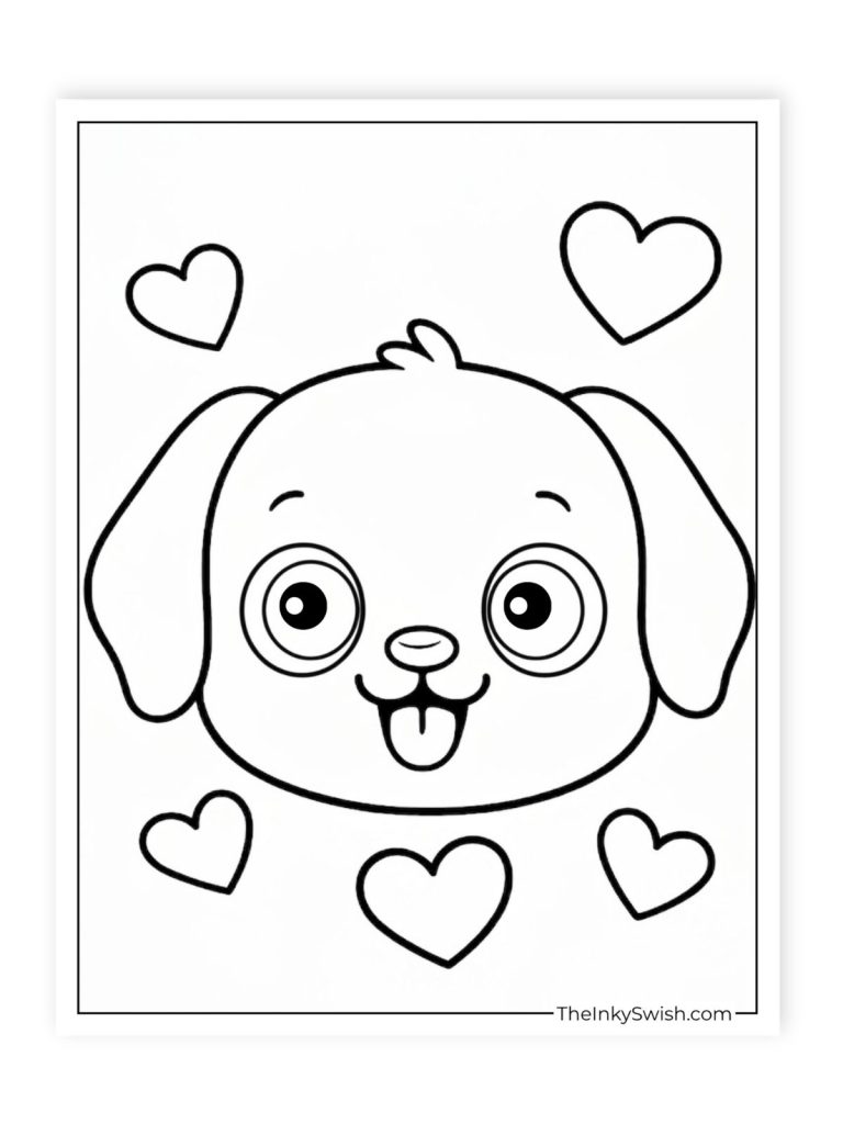Cute puppy face coloring page with hearts, simple printable puppy for kids