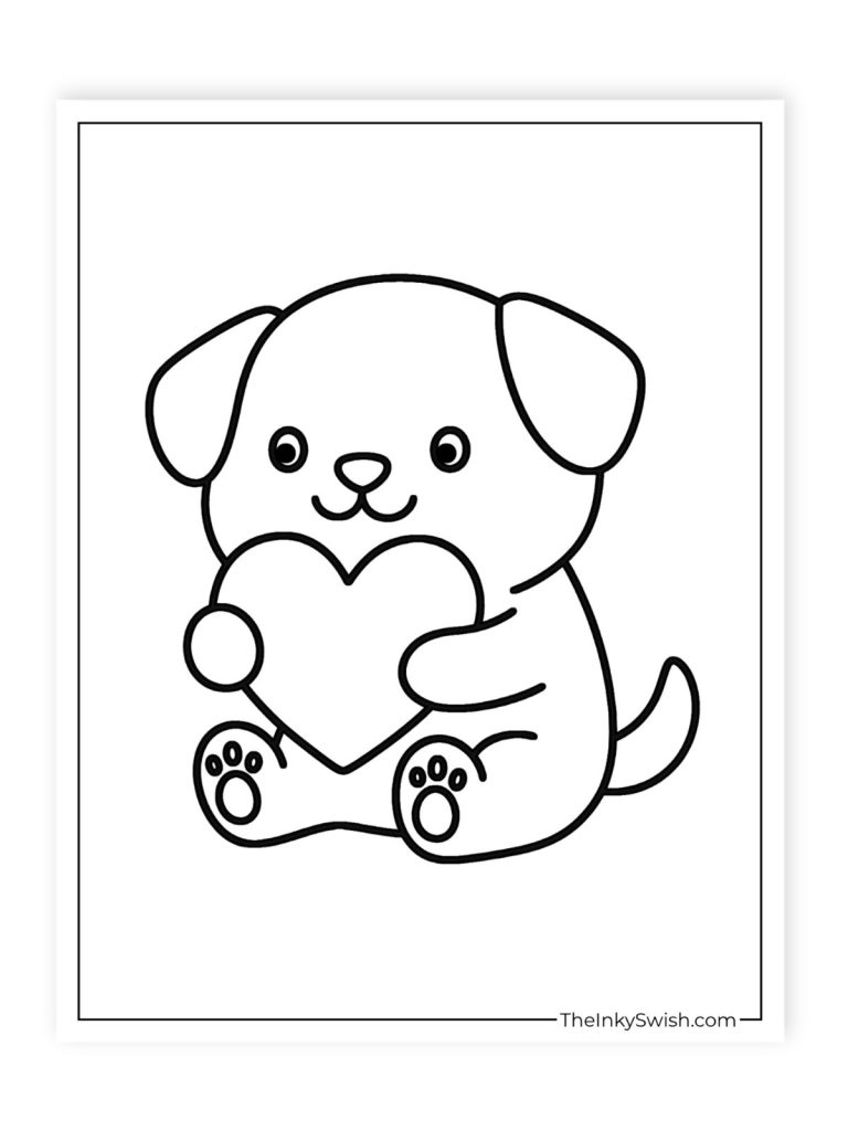 Cute puppy holding heart coloring page simple love themed printable for kids