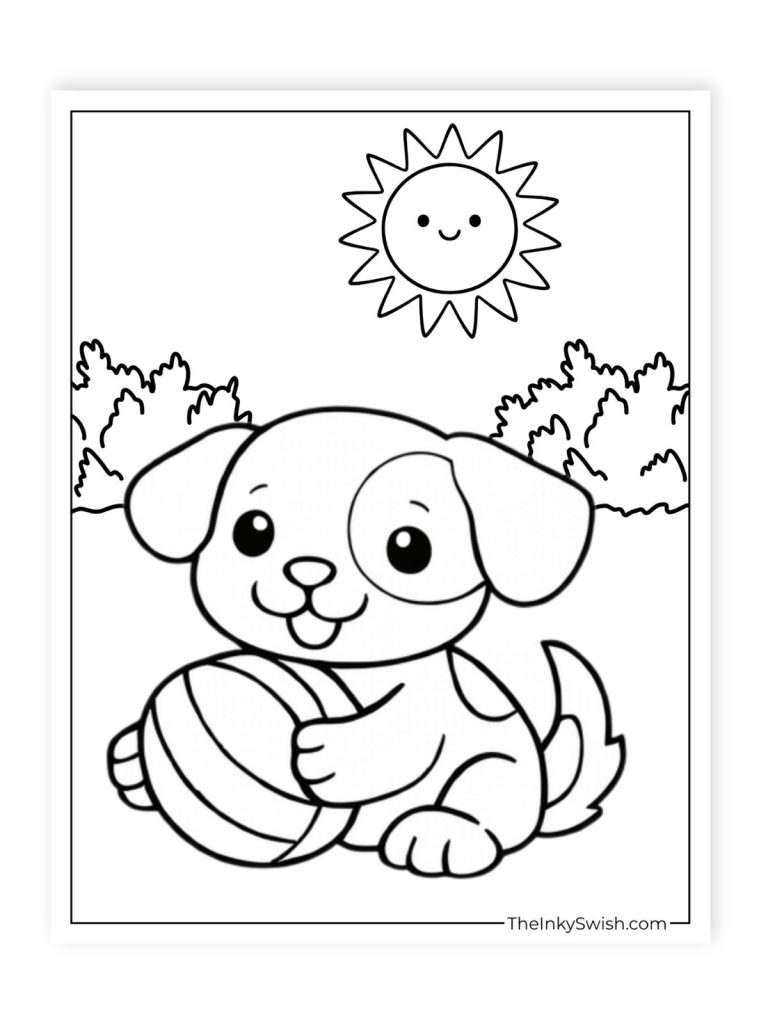 Cute puppy playing with ball coloring page with sun and bushes simple printable for kids