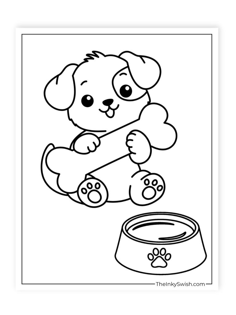 Cute puppy holding bone with water bowl coloring page - simple dog printable for kids