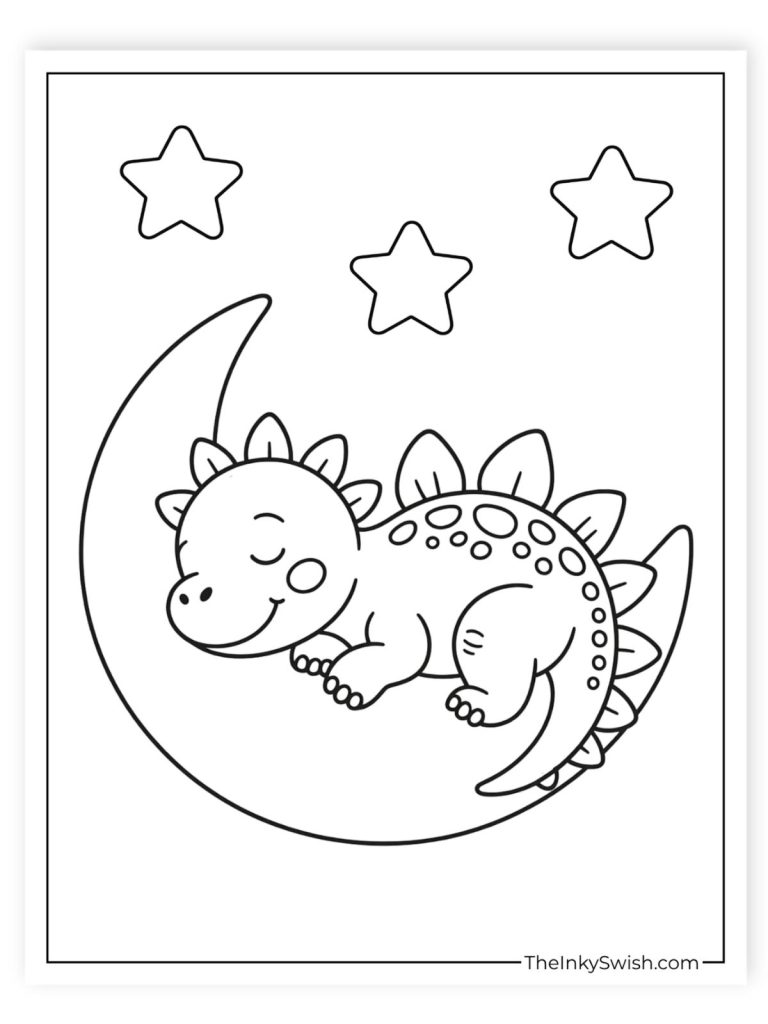 Cute sleeping dinosaur coloring page on moon with stars for kids