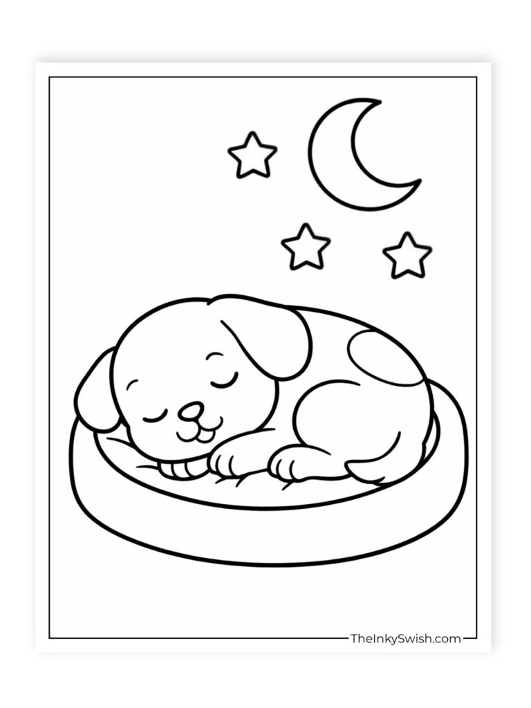 This peaceful printable features an adorable puppy curled up in a cozy bed under the moon and stars, making it perfect for relaxing coloring time, bedtime activities, and younger kids.