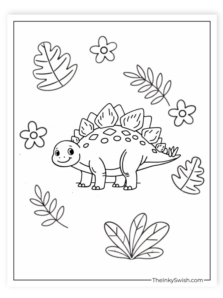 Cute stegosaurus surrounded by flowers and leaves coloring sheet for kids