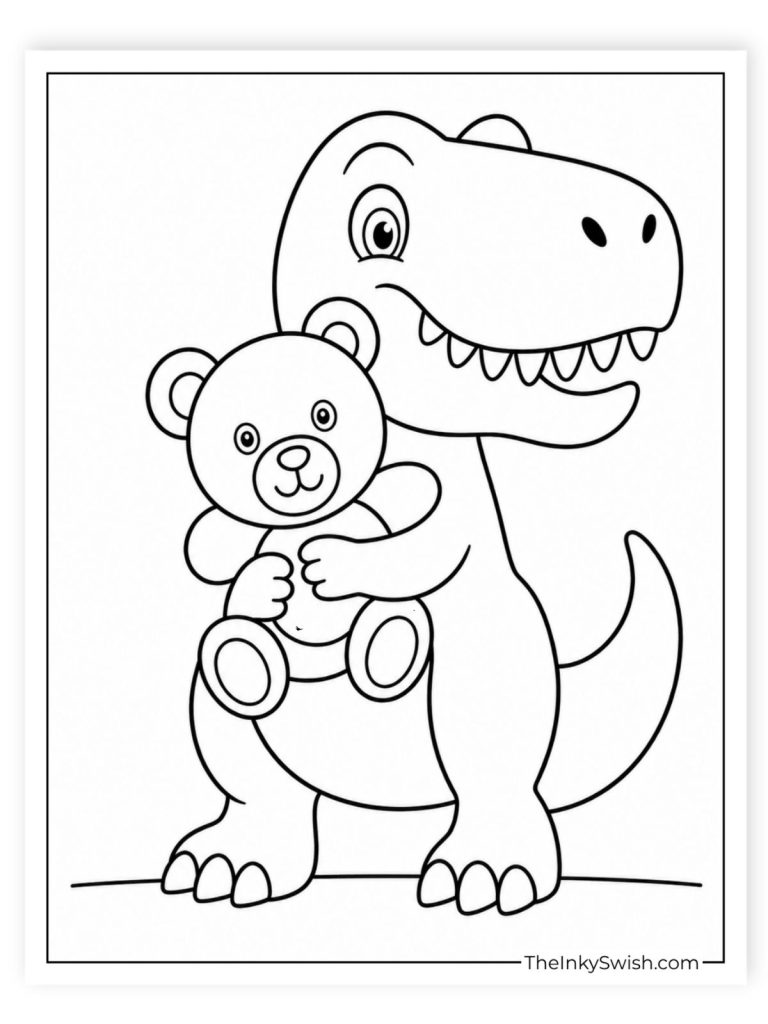 Cute t rex hugging teddy bear coloring page free printable PDF for kids