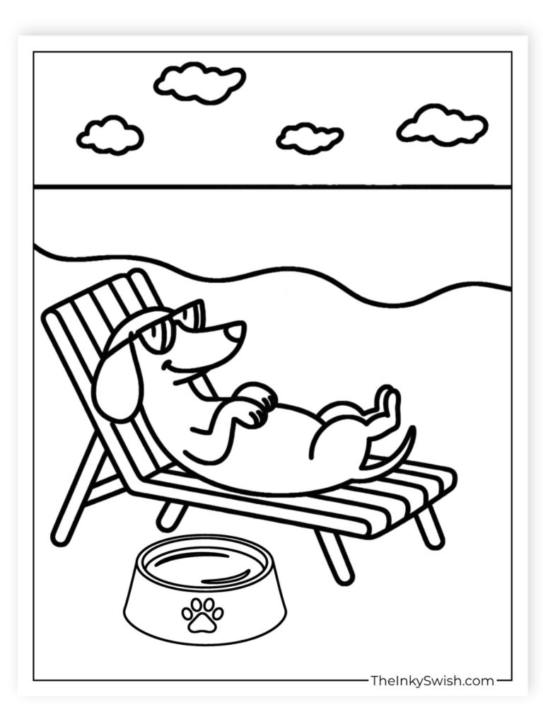 Dachshund relaxing on beach sun lounger with sunglasses coloring page