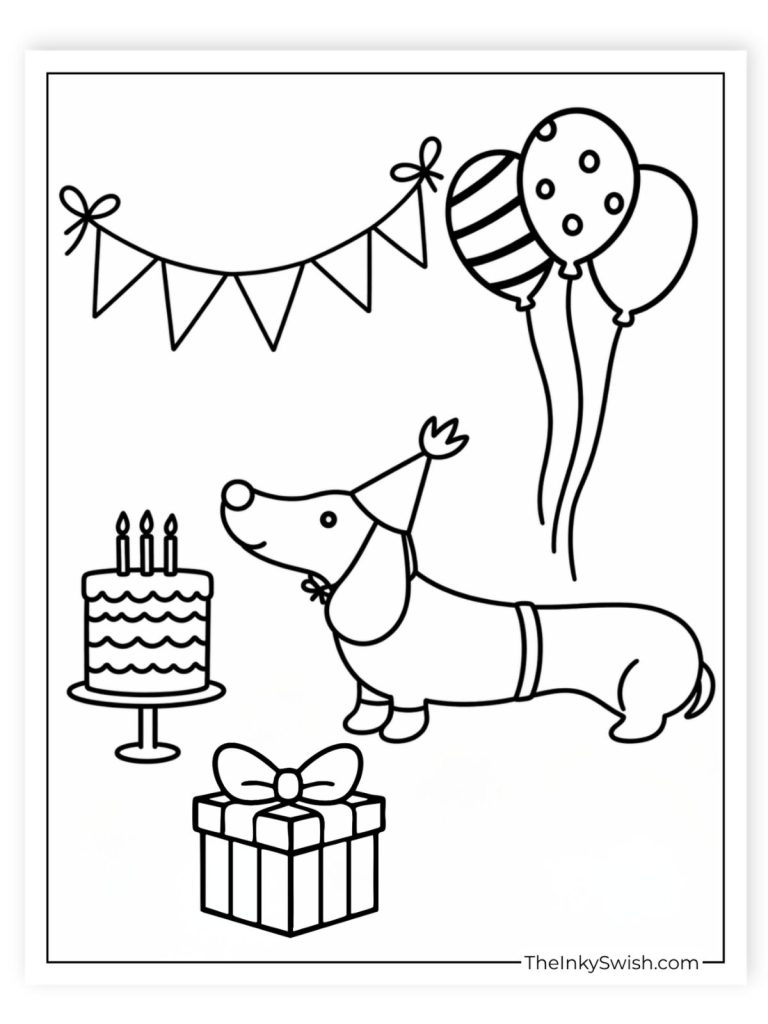 Dachshund birthday party coloring page with cake, balloons, gift, and bunting for kids