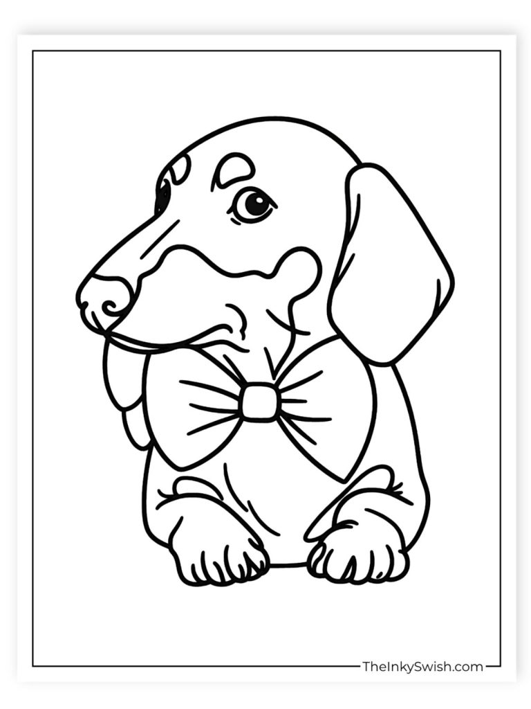Dachshund wearing a bow tie coloring page for kids printable