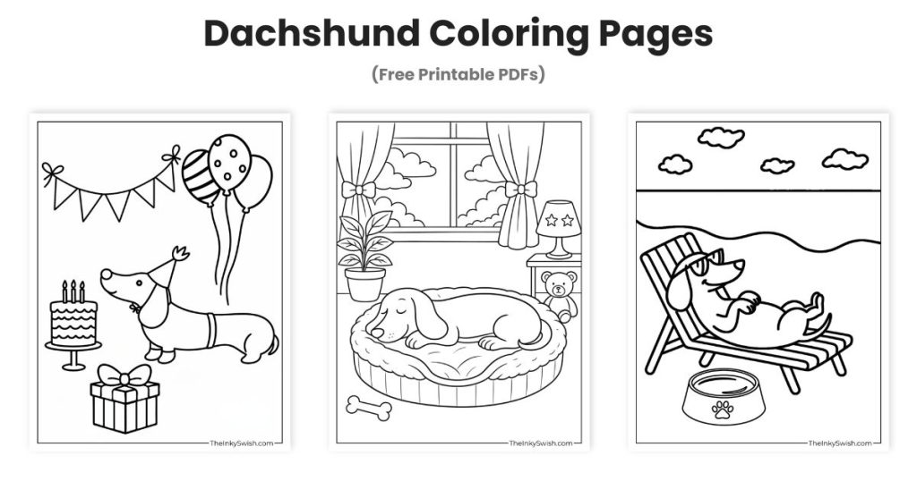 Dachshund coloring pages collection featuring three free printable sausage dog designs for kids and adults