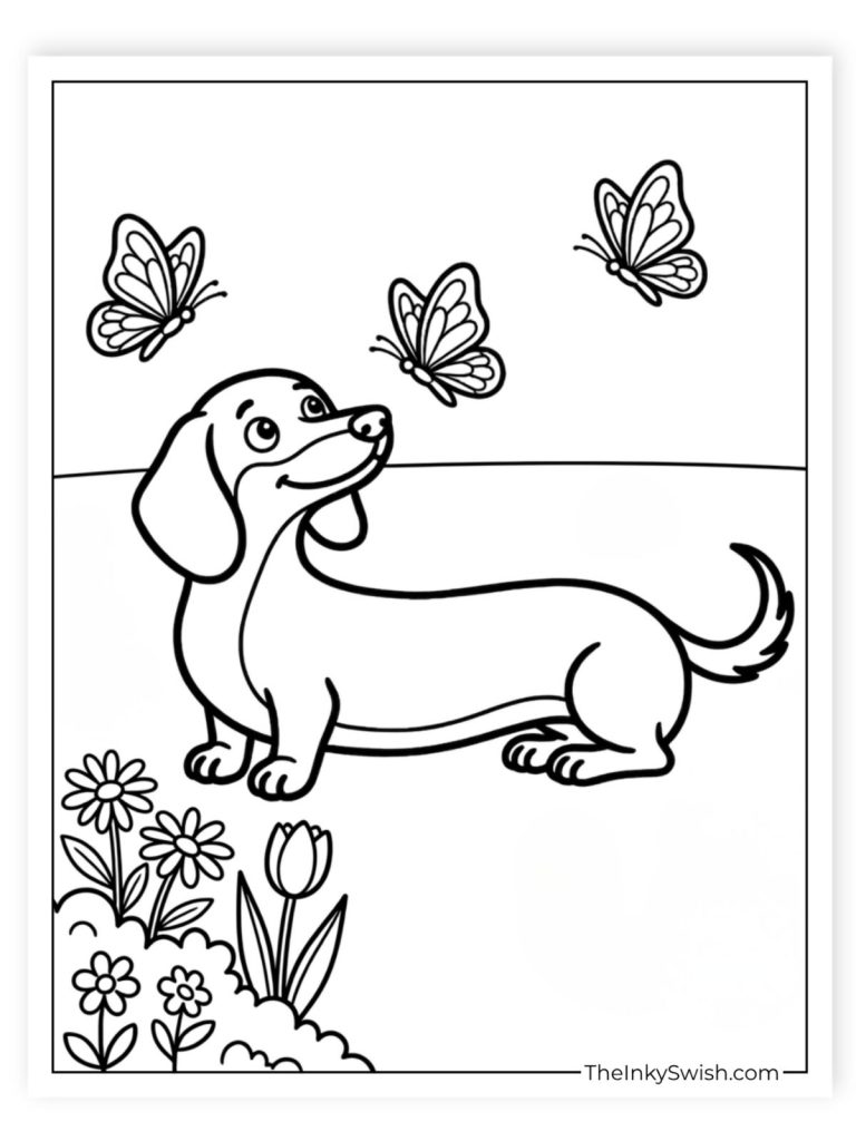 Dachshund in garden watching butterflies and flowers coloring page for kids