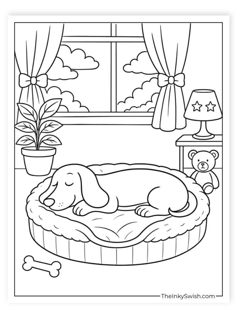 Dachshund sleeping in cozy dog bed indoor scene coloring page for kids