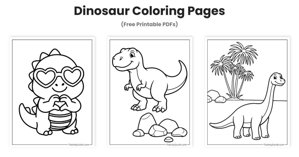 Dinosaur coloring pages featuring cute dinosaur, t rex, and brachiosaurus scene printable for kids