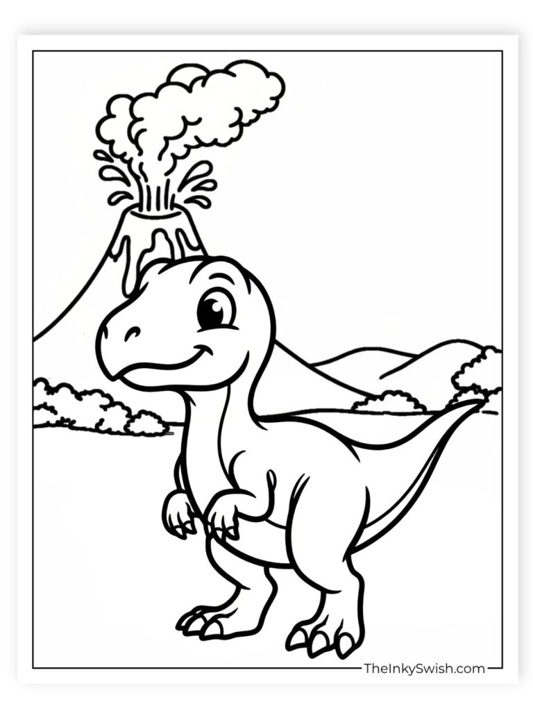 Easy cartoon Velociraptor coloring page with volcano background for kids